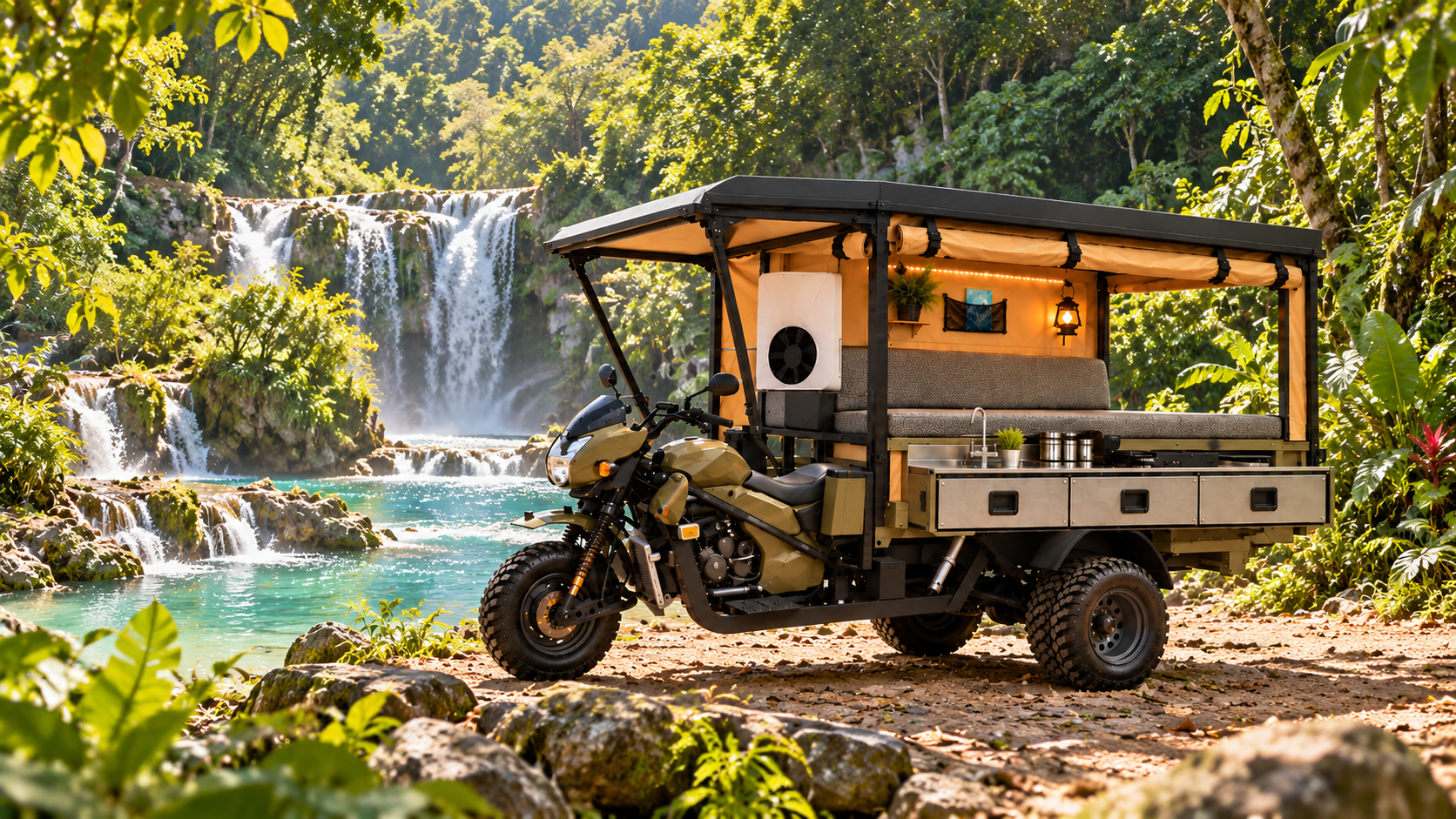 Camper near waterfalls