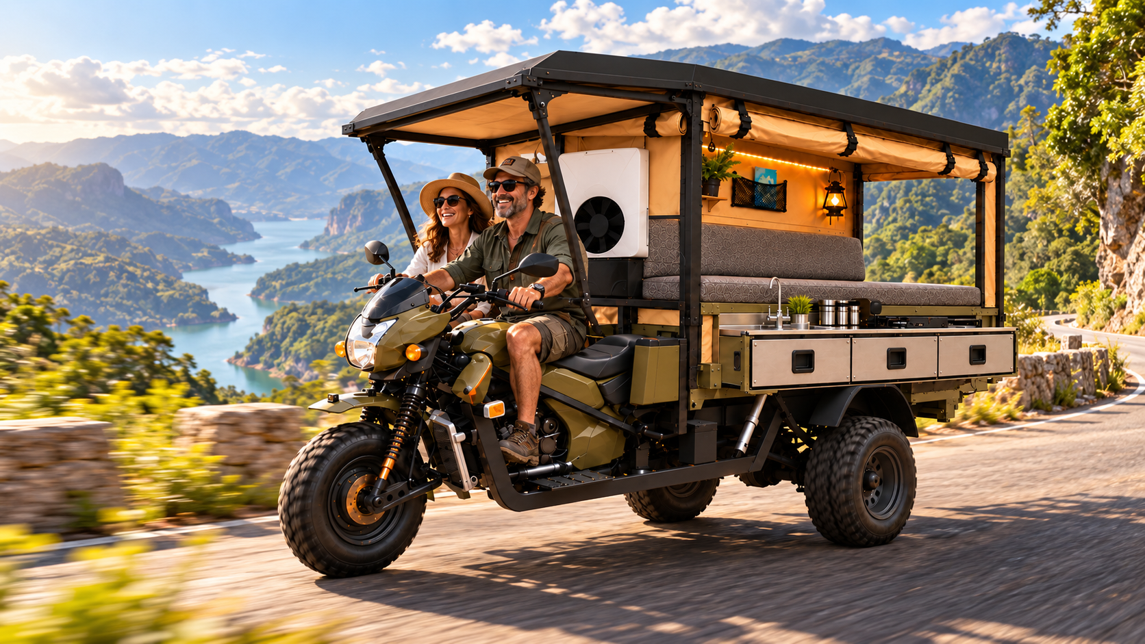 Adventure camper on a mountain road