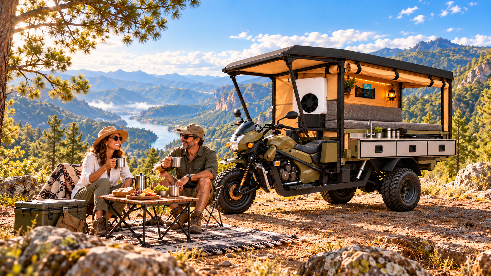 Adventure camper set up for a mountain picnic