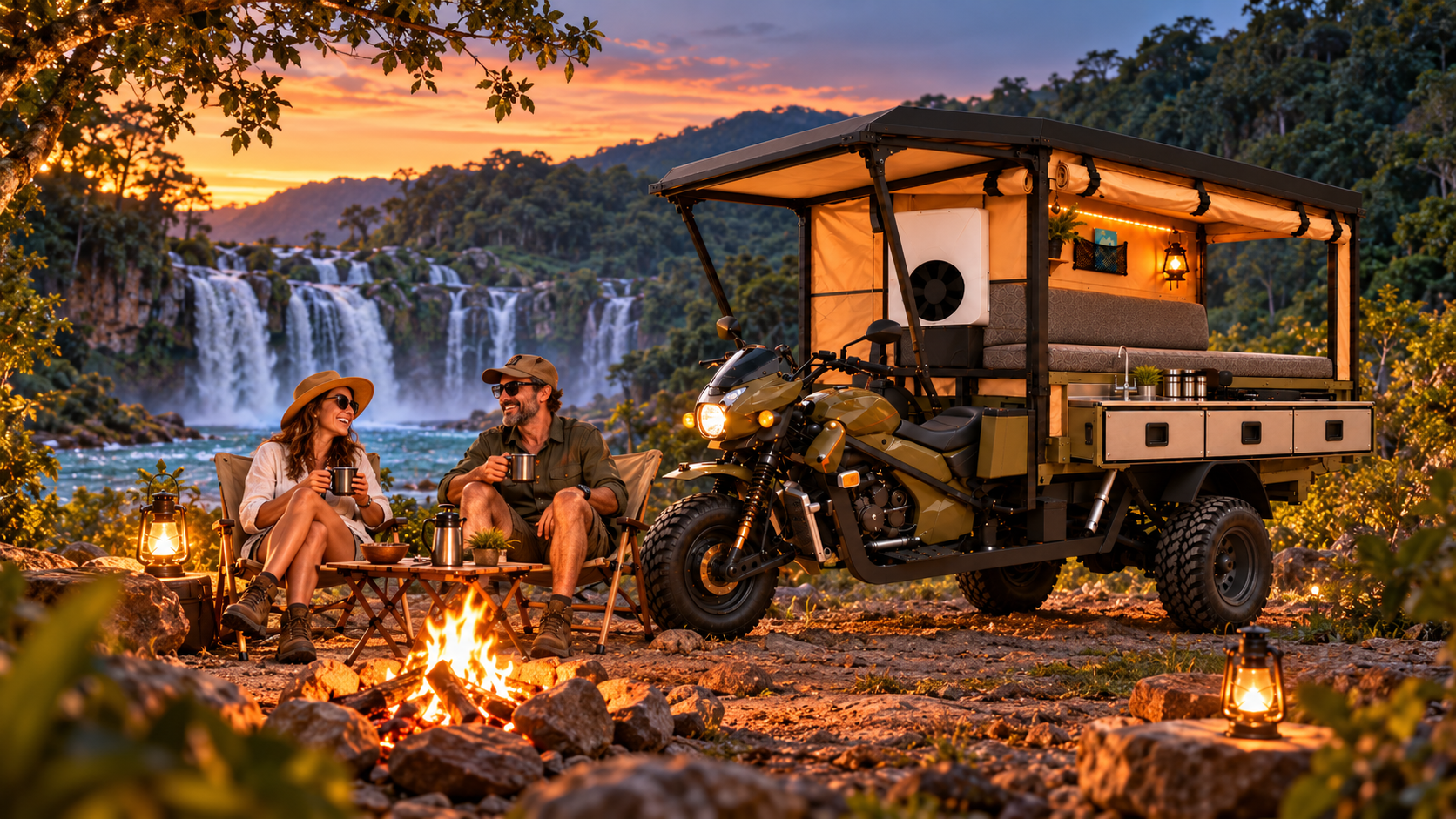 Campers enjoying sunset beside a waterfall